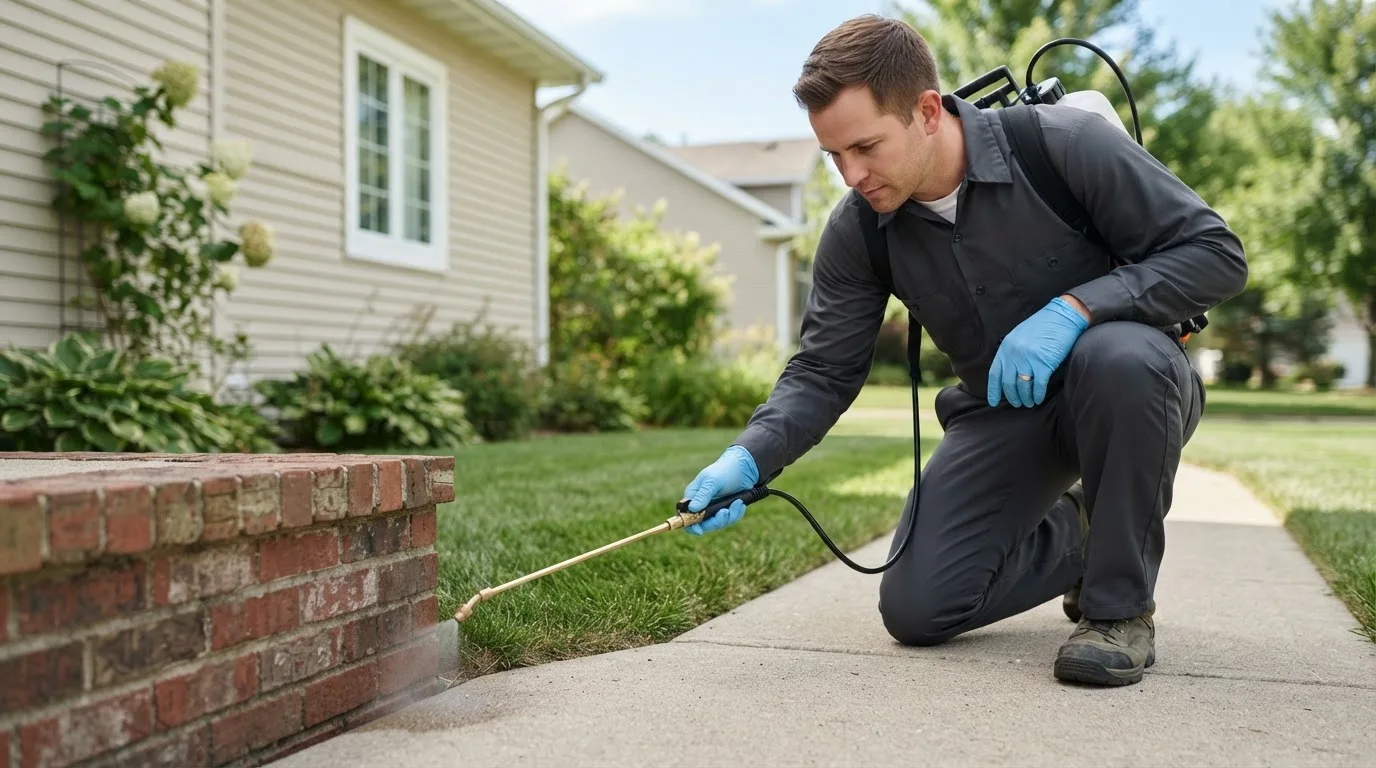 Pest control technician treating a home near Burlington, CT